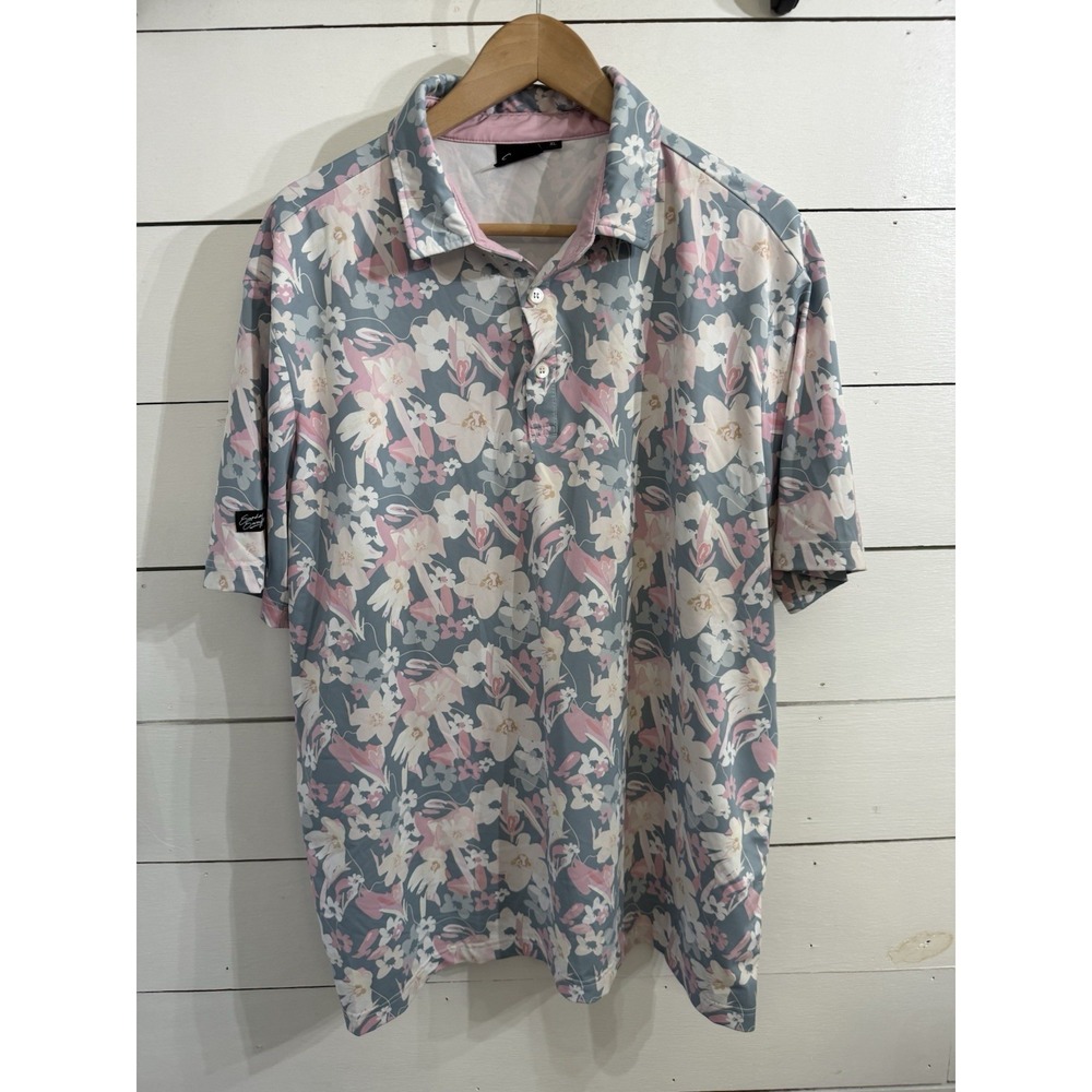 Sunday Swagger Pink Blue Floral Pattern Athletic Golf Polo Shirt - Men's XL